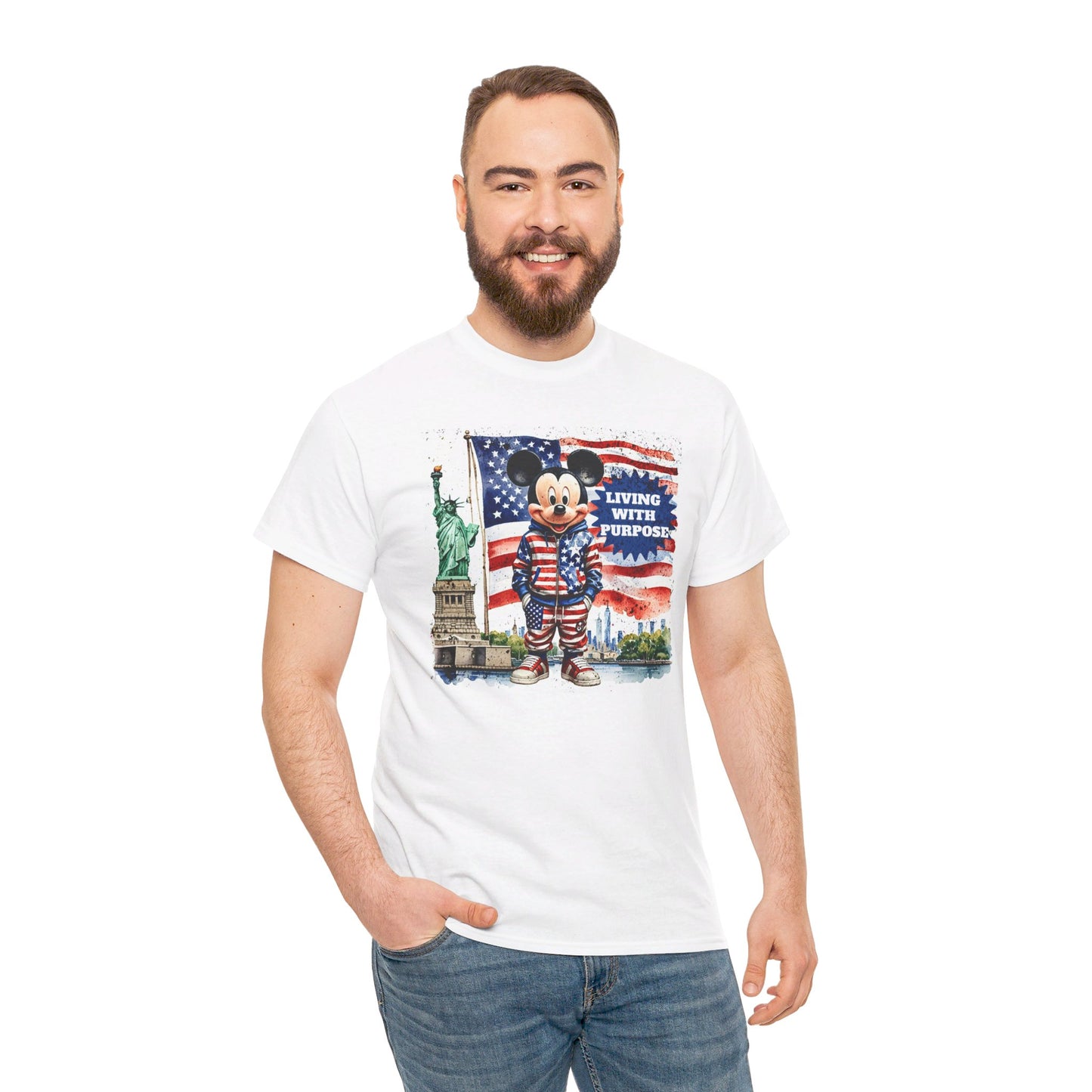 Patriotic Mickey Mouse T-Shirt - Living With Purpose, Statue of Liberty & American Flag Design, White