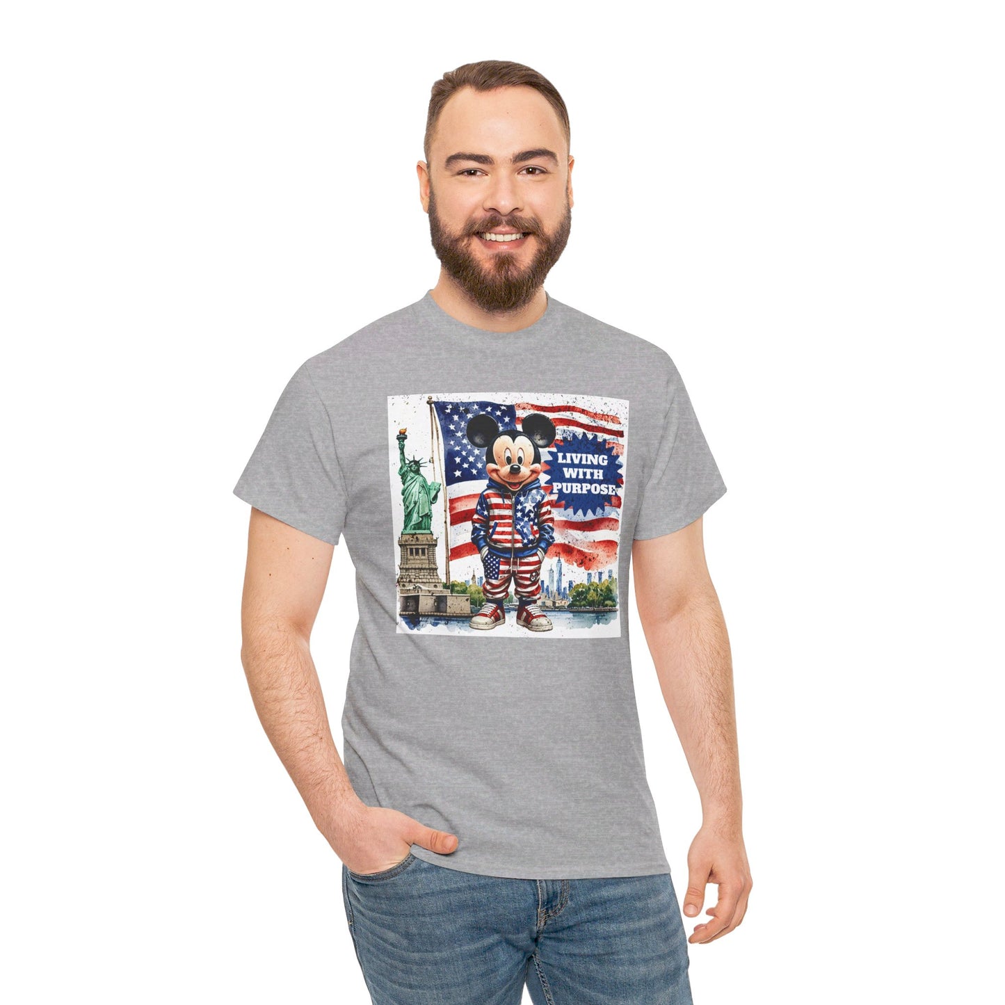 Patriotic Mickey Mouse T-Shirt - Living With Purpose, Statue of Liberty & American Flag Design, Grey