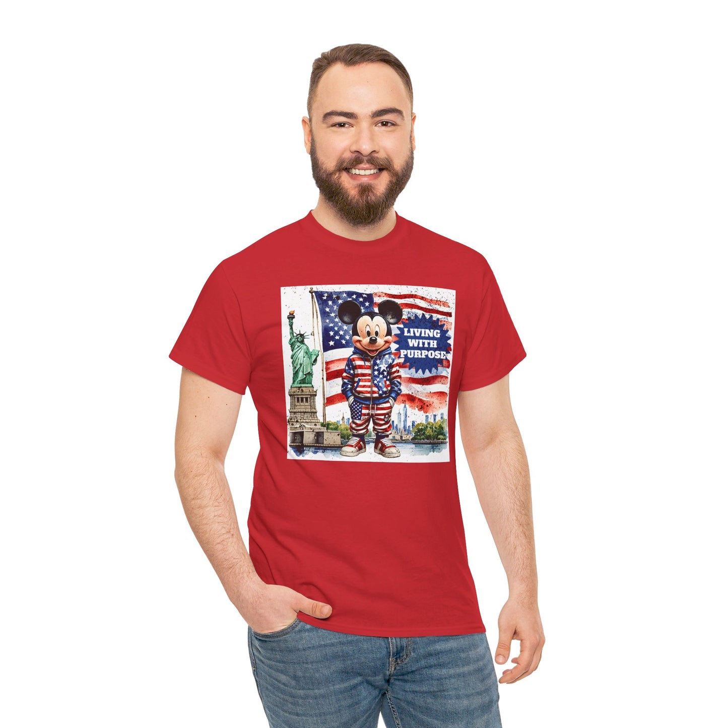 Patriotic Mickey Mouse T-Shirt - Living With Purpose, Statue of Liberty & American Flag Design, Red