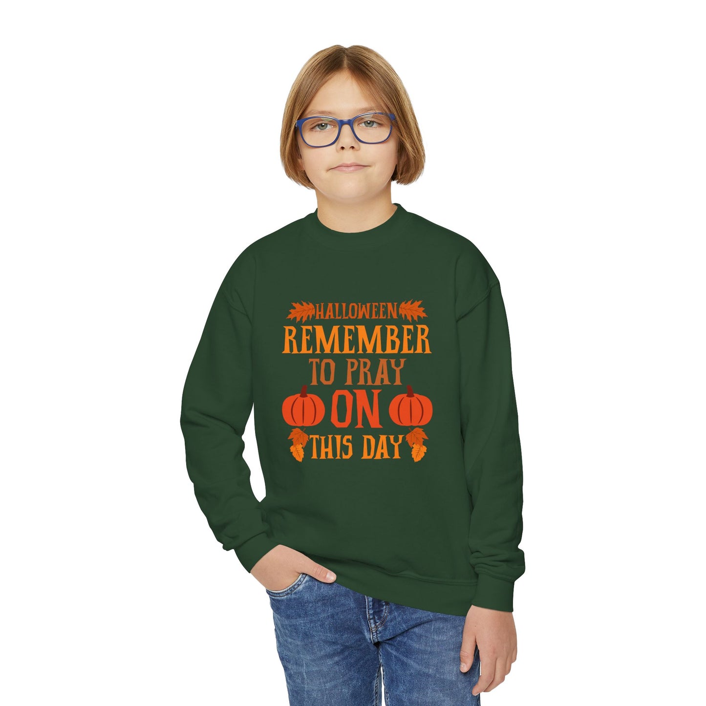 Halloween Pumpkin Pray Unisex Sweatshirt, Forest Green - 'Remember To Pray On This Day', Children's’ Sizes: XS - XL