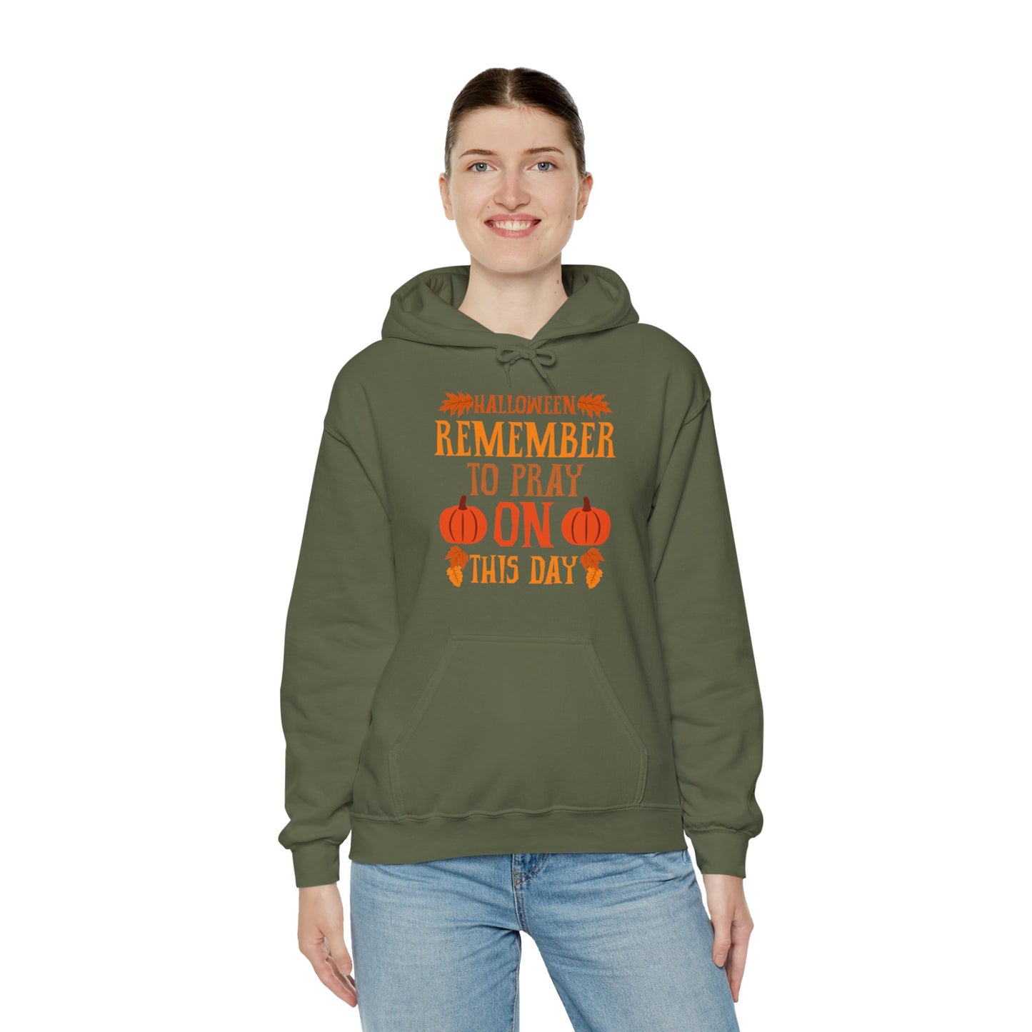 Halloween Pumpkin Pray Unisex Hooded Sweatshirt, Military Green - 'Remember To Pray On This Day', Adults, Sizes: S - 3XL