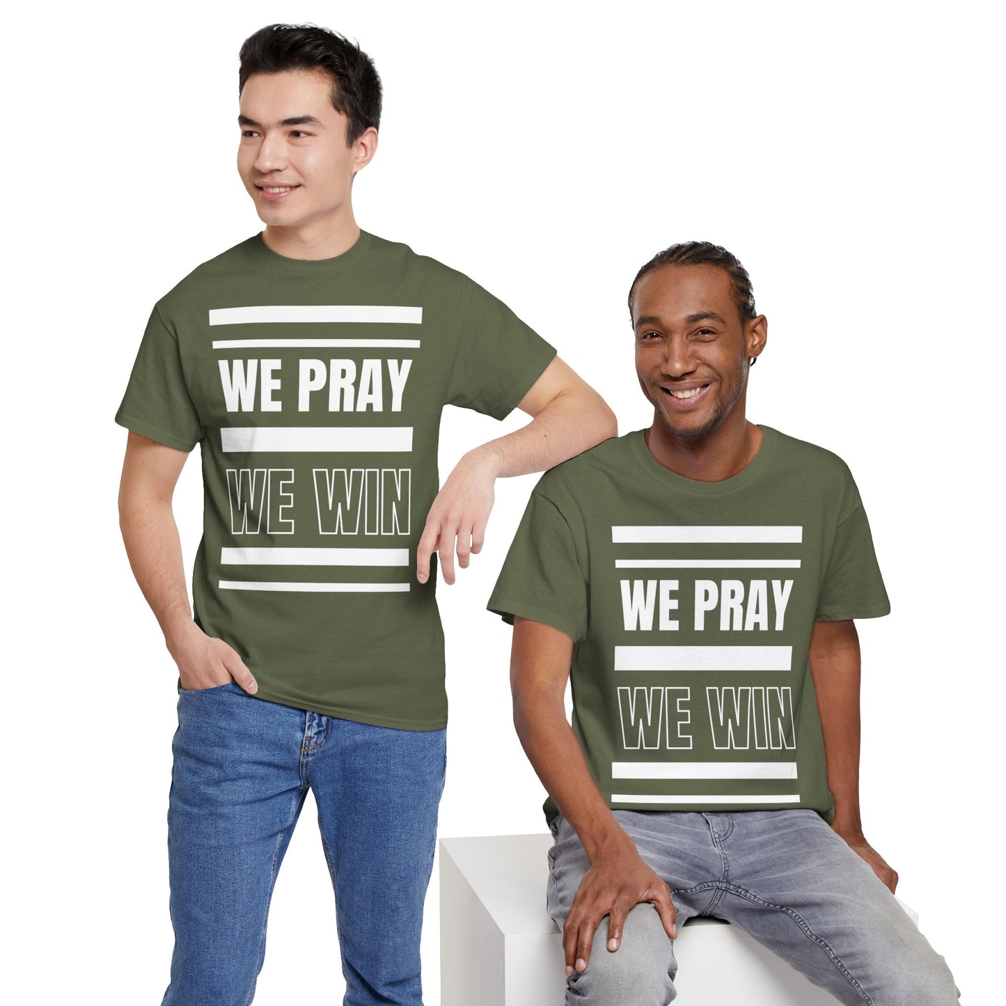 Inspirational 'WE PRAY WE WIN' Heavy Cotton T-Shirt by Novelty Wonders