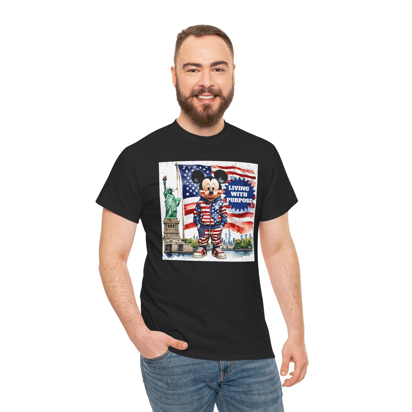 Patriotic Mickey Mouse T-Shirt - Living With Purpose, Statue of Liberty & American Flag Design, Black