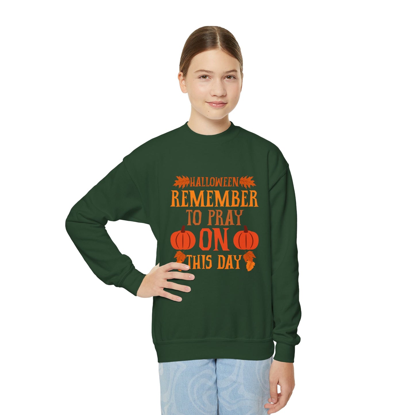 Halloween Pumpkin Pray Unisex Sweatshirt, Forest Green - 'Remember To Pray On This Day', Children's’ Sizes: XS - XL