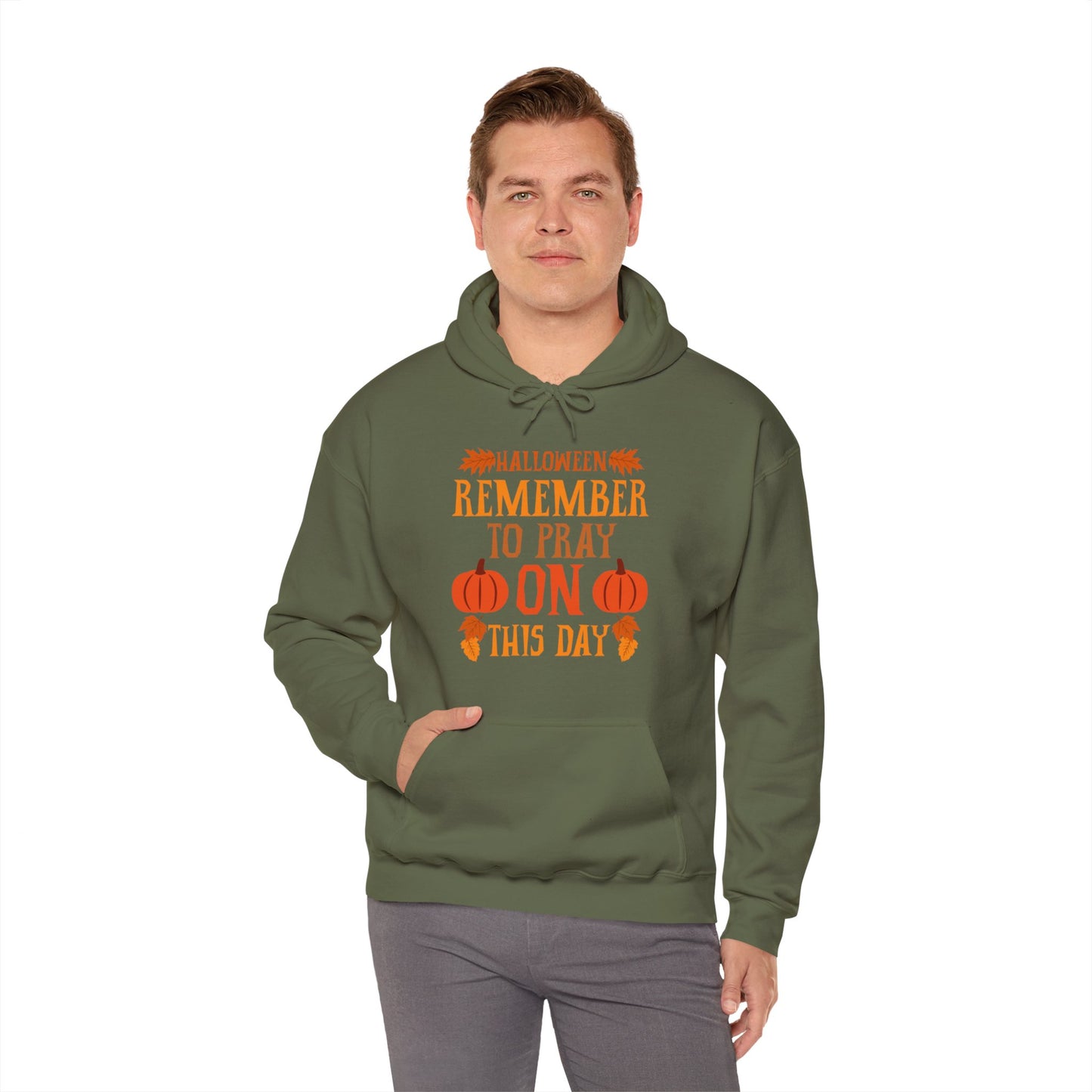 Halloween Pumpkin Pray Unisex Hooded Sweatshirt, Military Green - 'Remember To Pray On This Day', Adults, Sizes: S - 3XL
