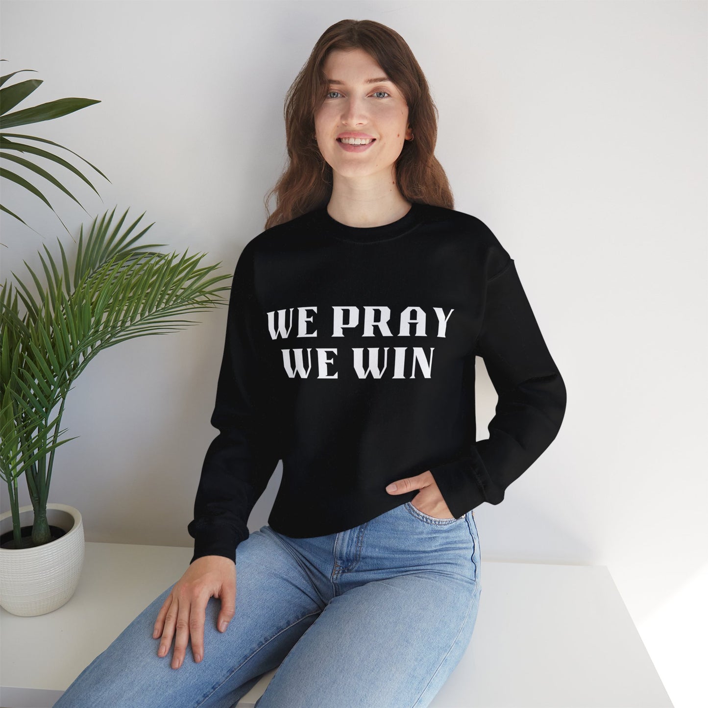 Inspirational 'WE PRAY WE WIN' Black Crewneck Sweatshirt™ by Novelty Wonders