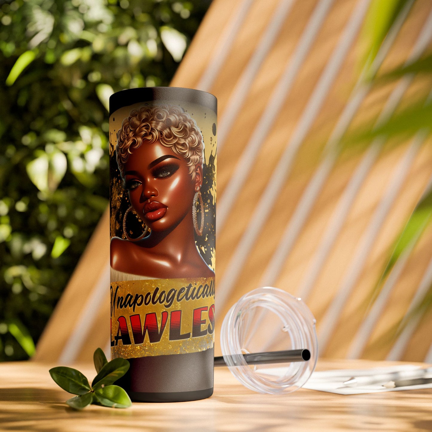 Skinny Tumbler W/Straw - 'UNAPOLOGETICALLY FLAWLESS' Gold & Black Design - 20oz