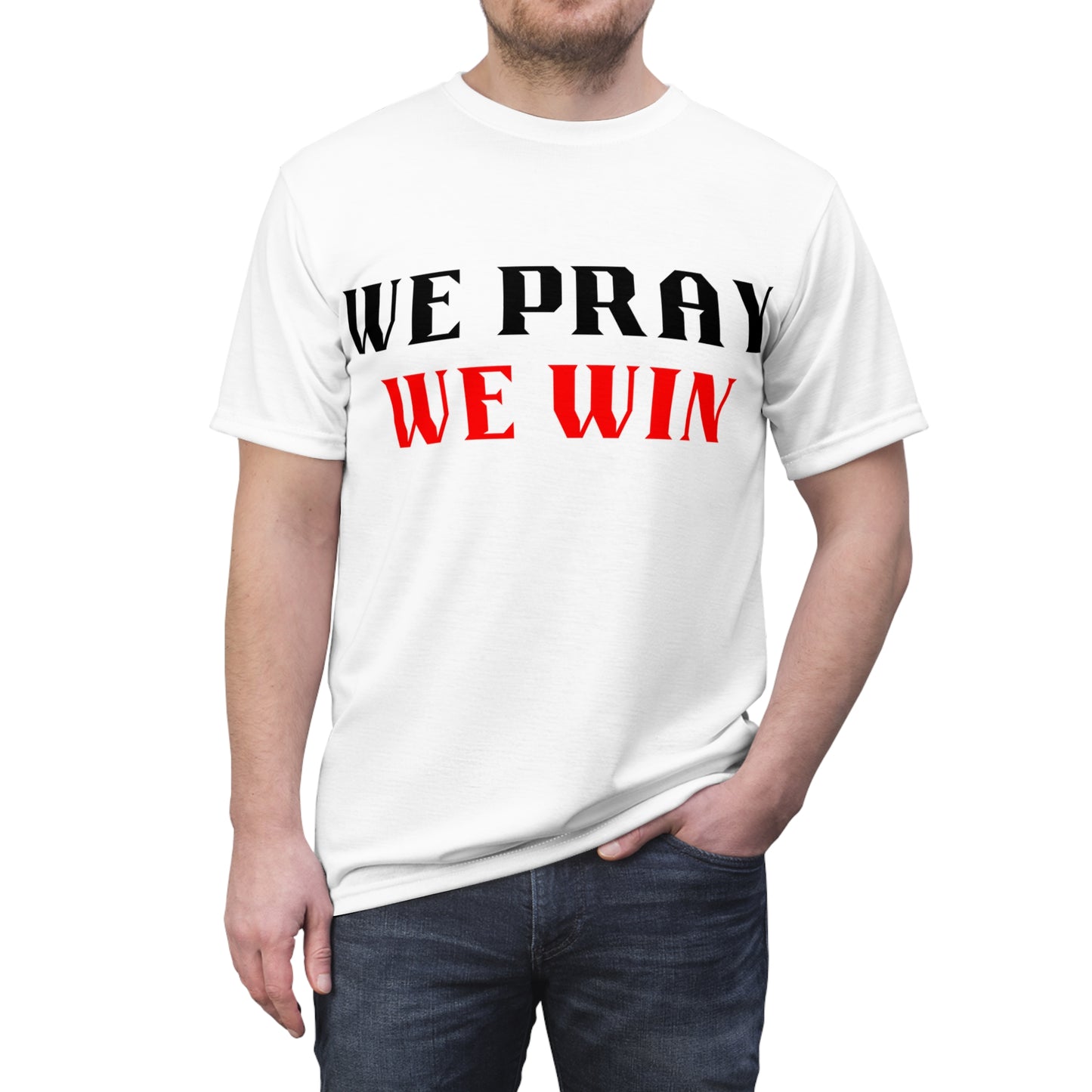 Inspirational 'WE PRAY WE WIN' Signature T-Shirt by Novelty Wonders