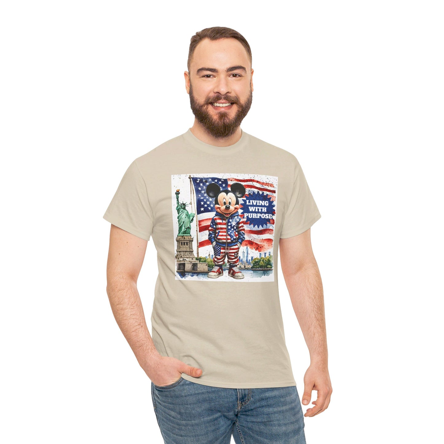 Patriotic Mickey Mouse T-Shirt - Living With Purpose, Statue of Liberty & American Flag Design, Sand