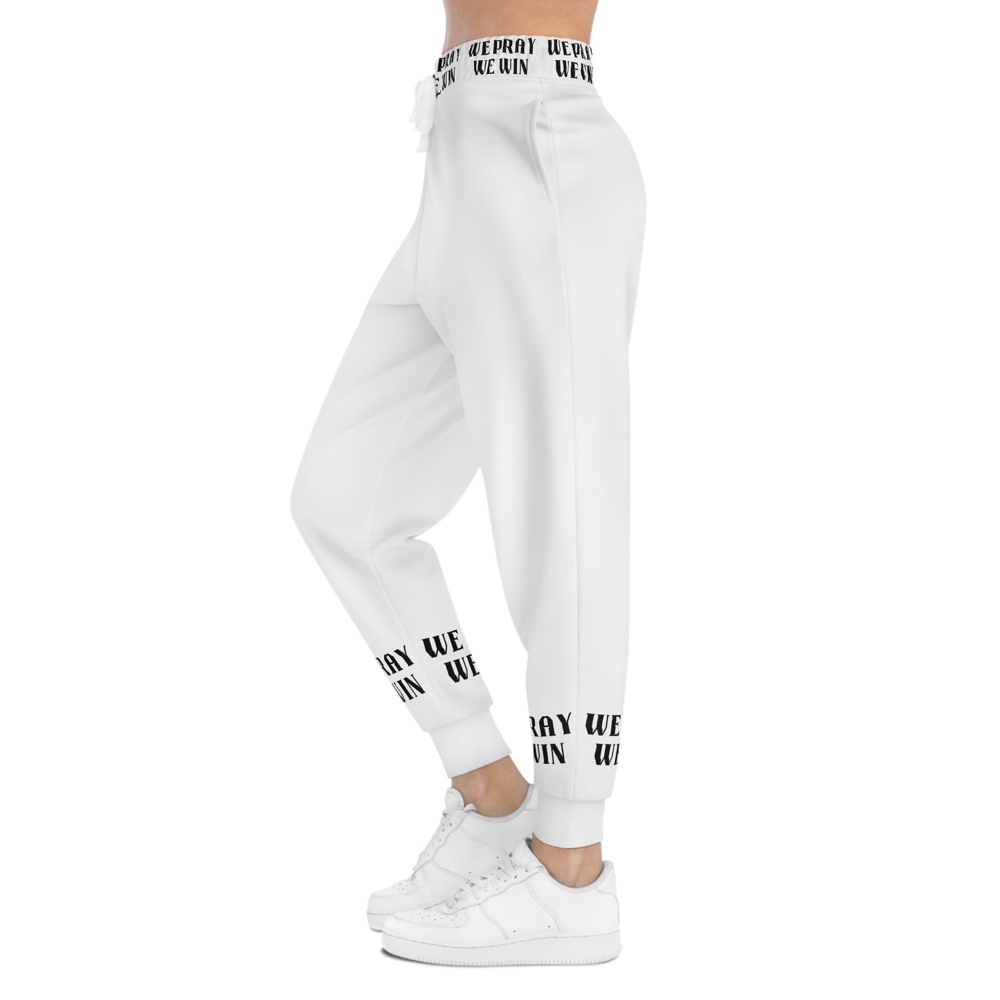 Inspirational "WE PRAY WE WIN" Athletic White Joggers with Black Text/Logo by Novelty Wonders