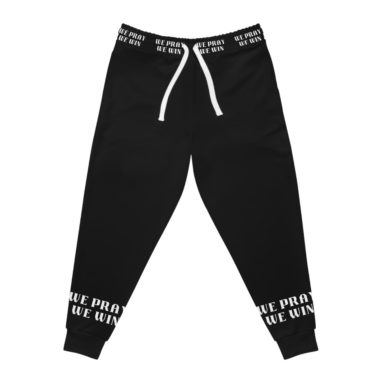 Inspirational "WE PRAY WE WIN" Athletic Black Joggers with White Text/Logo by Novelty Wonders