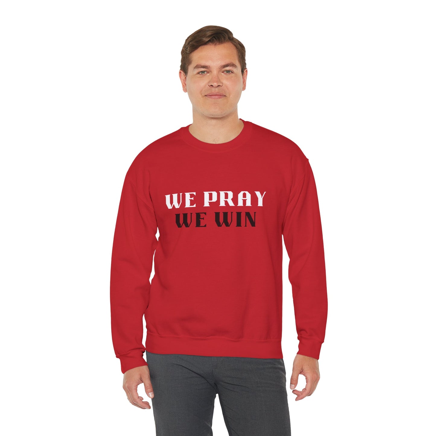 Inspirational 'We Pray We Win' Unisex Red Crewneck Sweatshirt