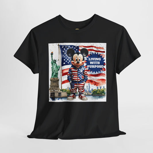 Patriotic Mickey Mouse T-Shirt - Living With Purpose, Statue of Liberty & American Flag Design, Black