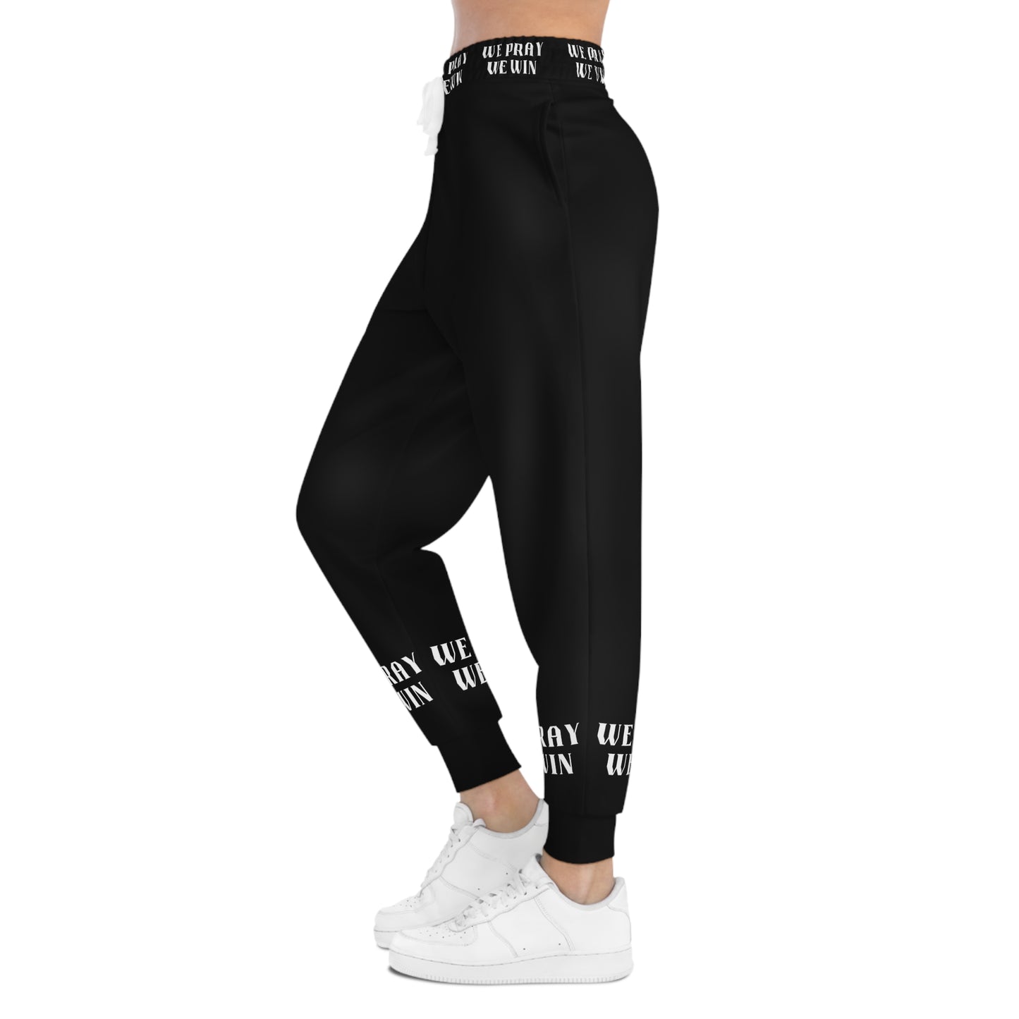 Inspirational "WE PRAY WE WIN" Athletic Black Joggers with White Text/Logo by Novelty Wonders