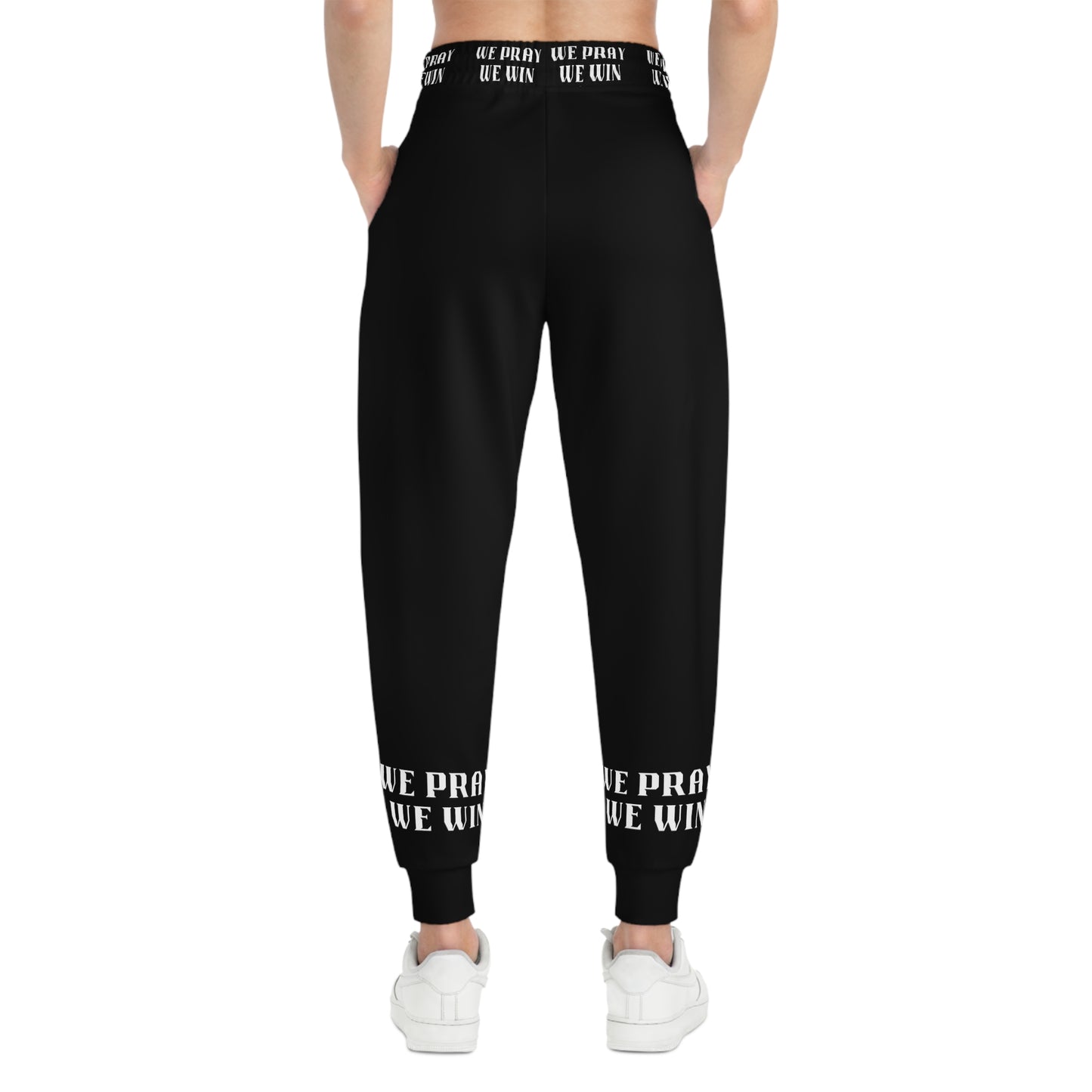 Inspirational "WE PRAY WE WIN" Athletic Black Joggers with White Text/Logo by Novelty Wonders