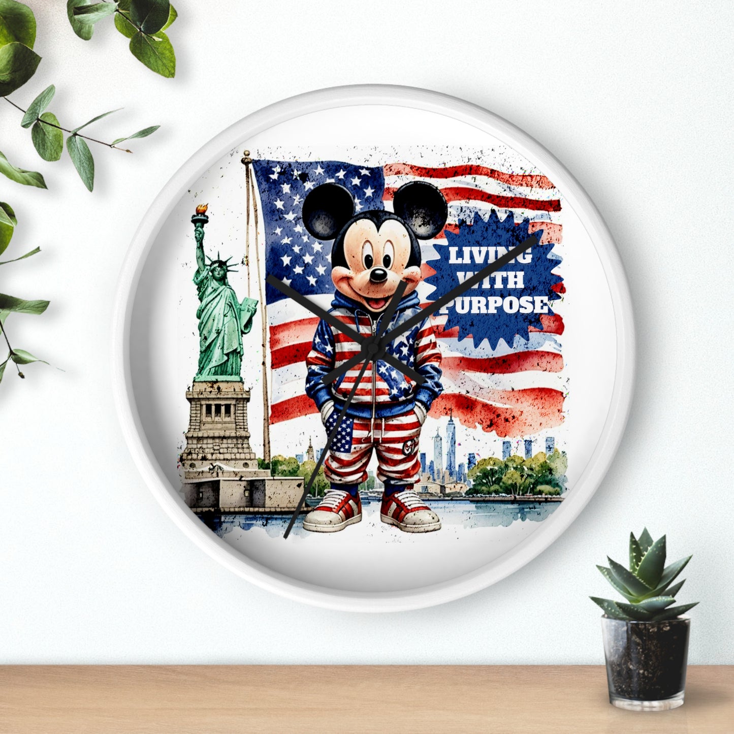 Patriotic Mickey Mouse 'Living With Purpose' Wall Clock - Statue of Liberty & American Flag Design by Novelty Wonders