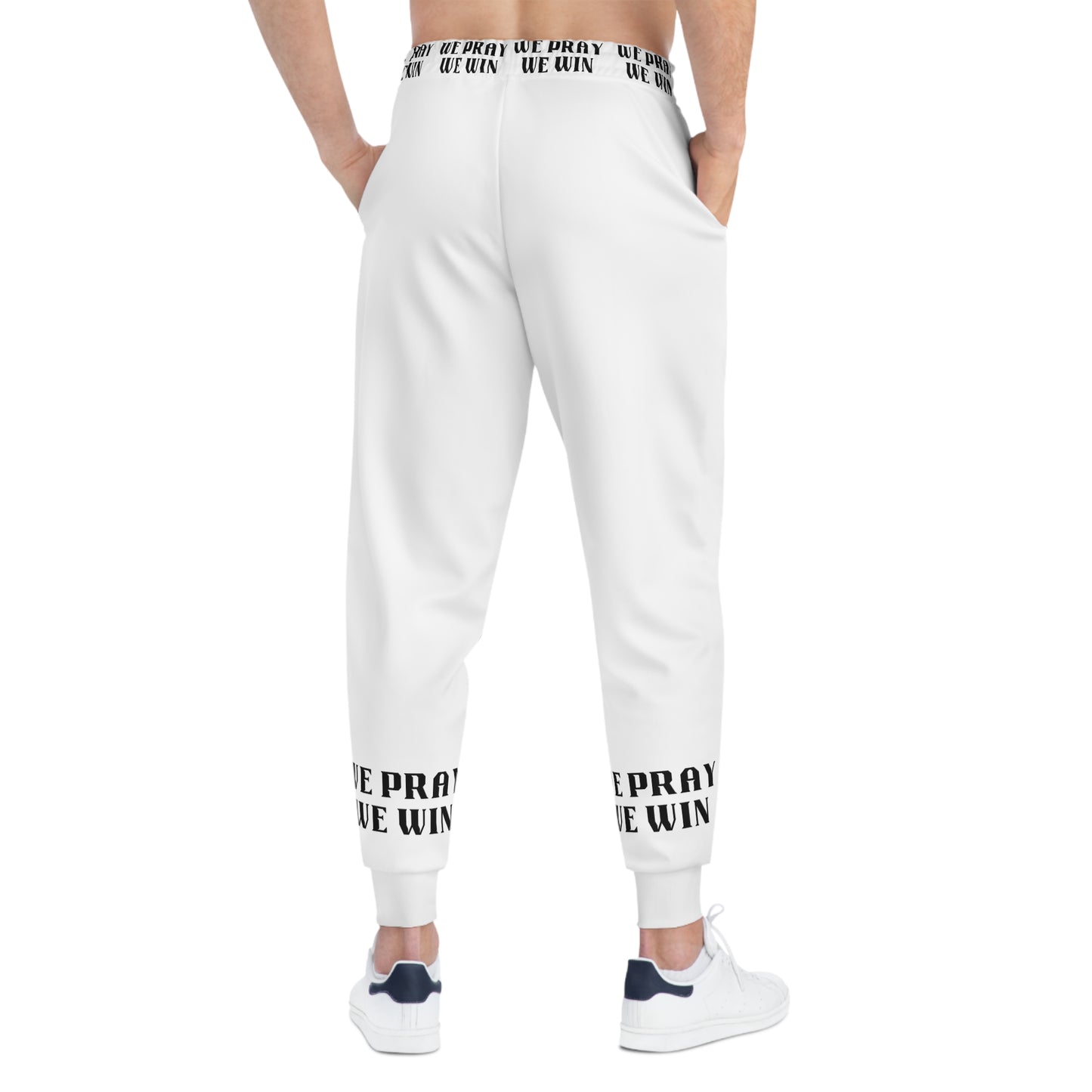 Inspirational "WE PRAY WE WIN" Athletic White Joggers with Black Text/Logo by Novelty Wonders