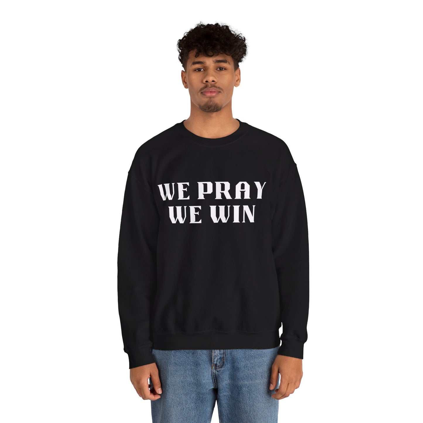 Inspirational 'WE PRAY WE WIN' Black Crewneck Sweatshirt™ by Novelty Wonders