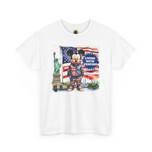 Patriotic Mickey Mouse T-Shirt - Living With Purpose, Statue of Liberty & American Flag Design, White