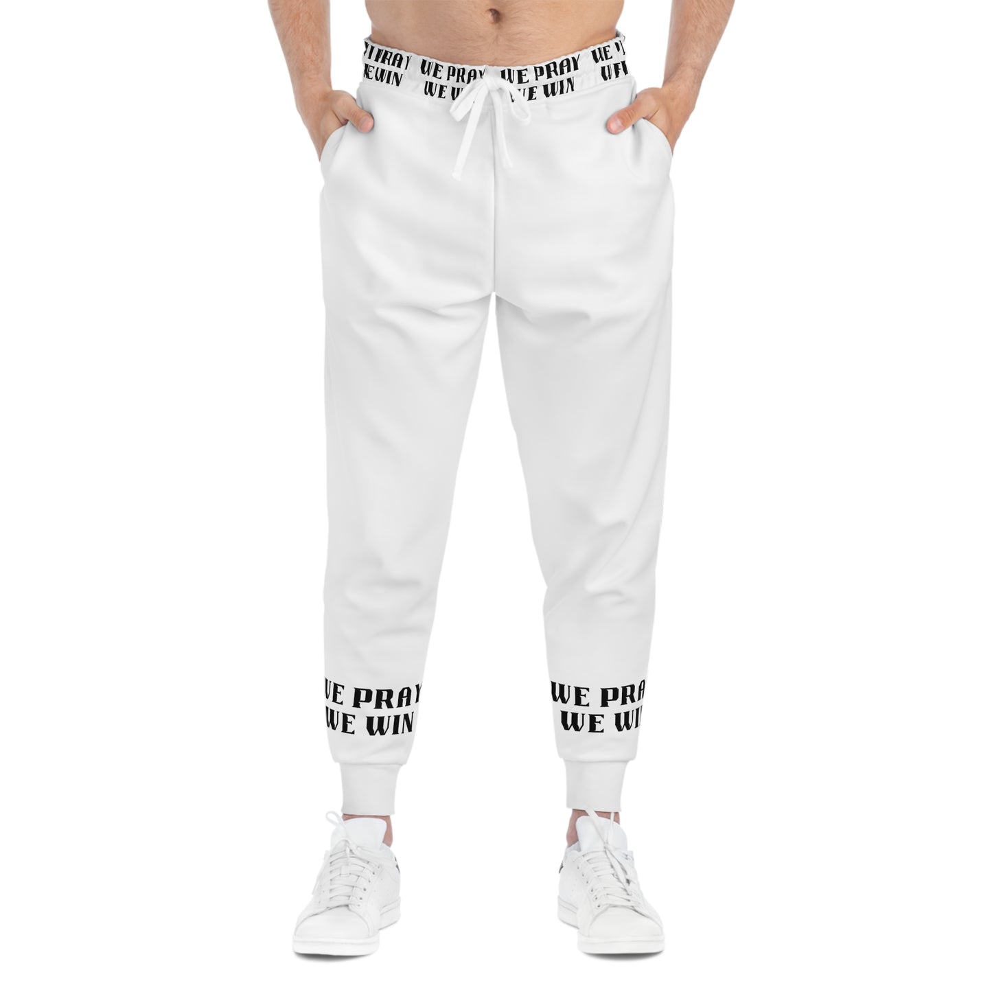 Inspirational "WE PRAY WE WIN" Athletic White Joggers with Black Text/Logo by Novelty Wonders