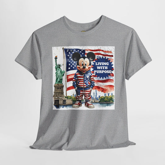 Patriotic Mickey Mouse T-Shirt - Living With Purpose, Statue of Liberty & American Flag Design, Grey