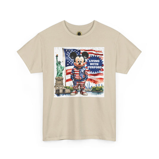 Patriotic Mickey Mouse T-Shirt - Living With Purpose, Statue of Liberty & American Flag Design, Sand