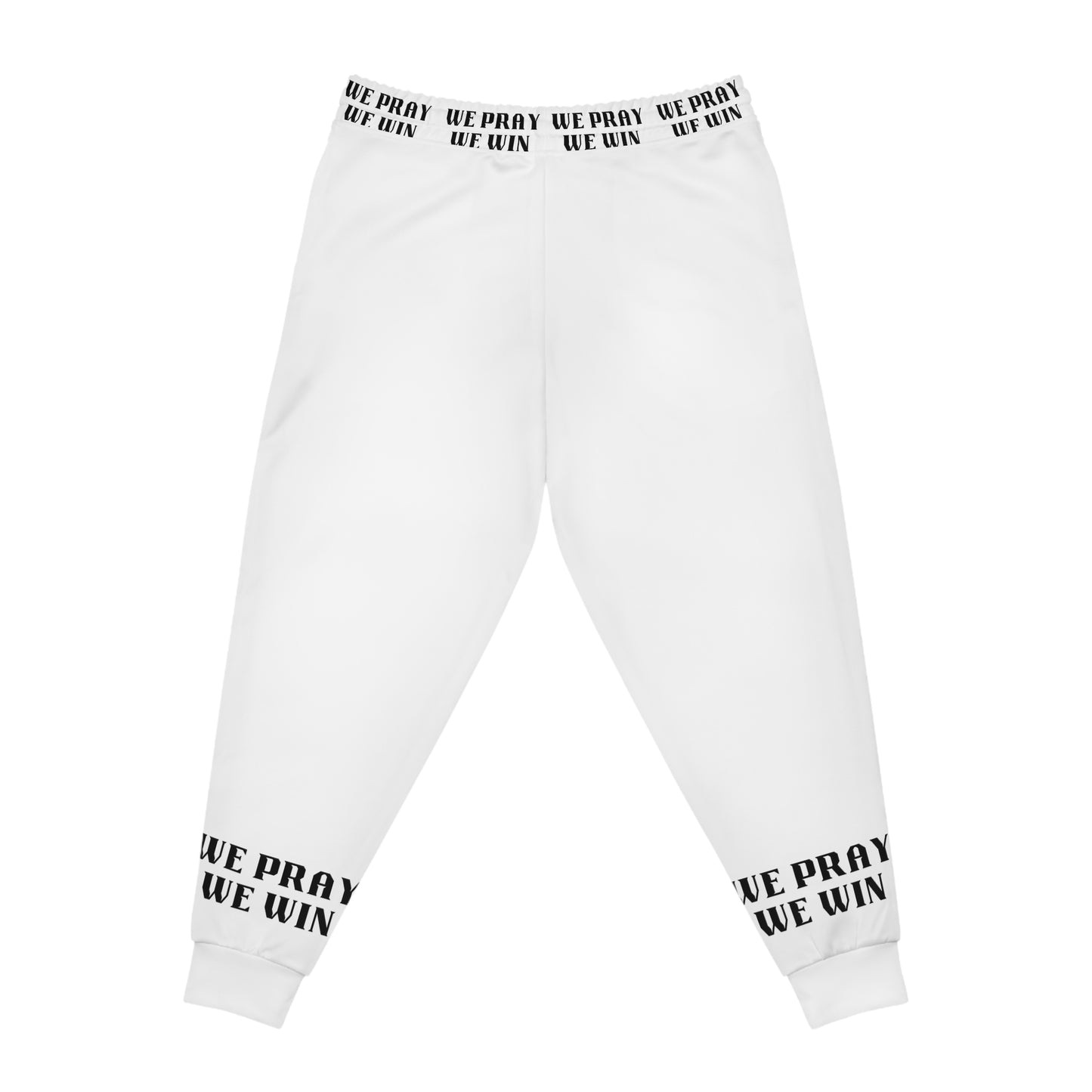 Inspirational "WE PRAY WE WIN" Athletic White Joggers with Black Text/Logo by Novelty Wonders