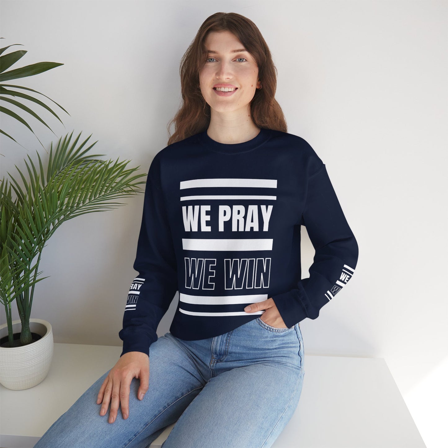 Inspirational 'WE PRAY WE WIN' Logo Crewneck Sweatshirt™ by Novelty Wonders