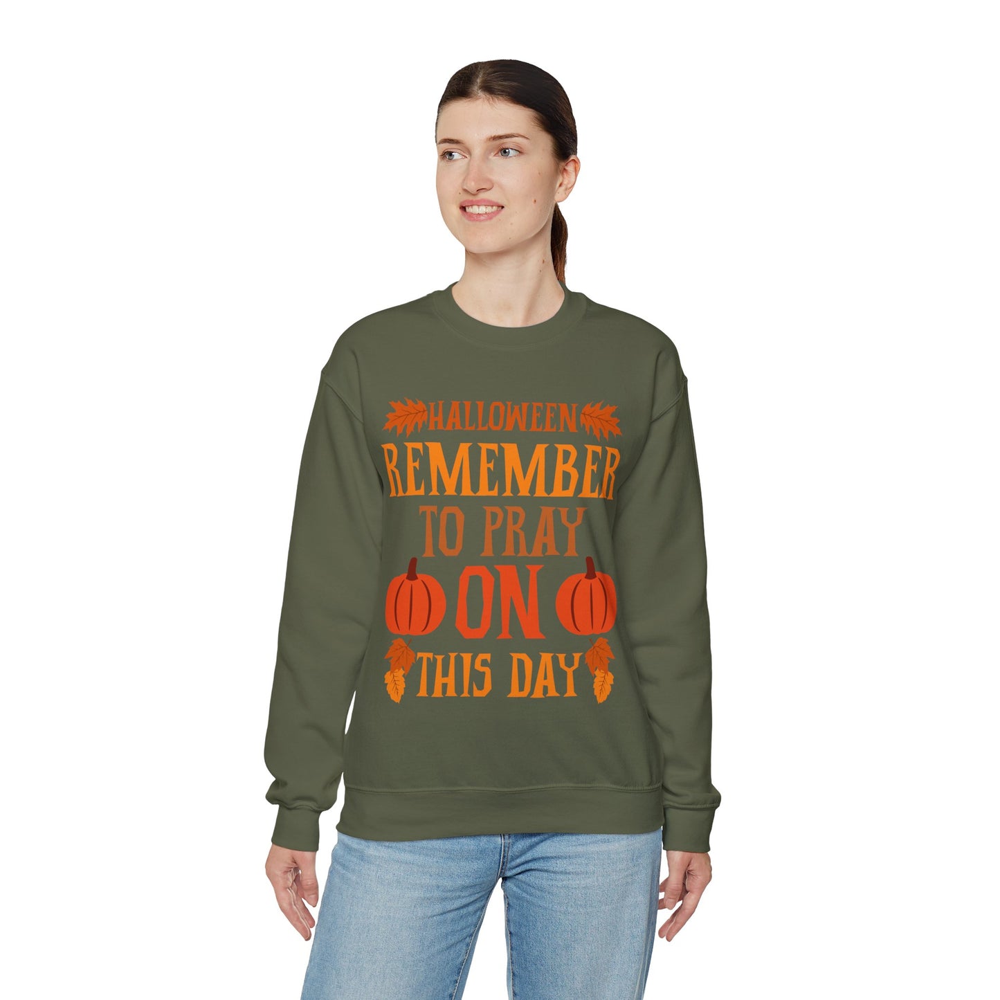 Halloween Pumpkin Pray Unisex Sweatshirt, Military Green - 'Remember To Pray On This Day', Adults, Size: Small