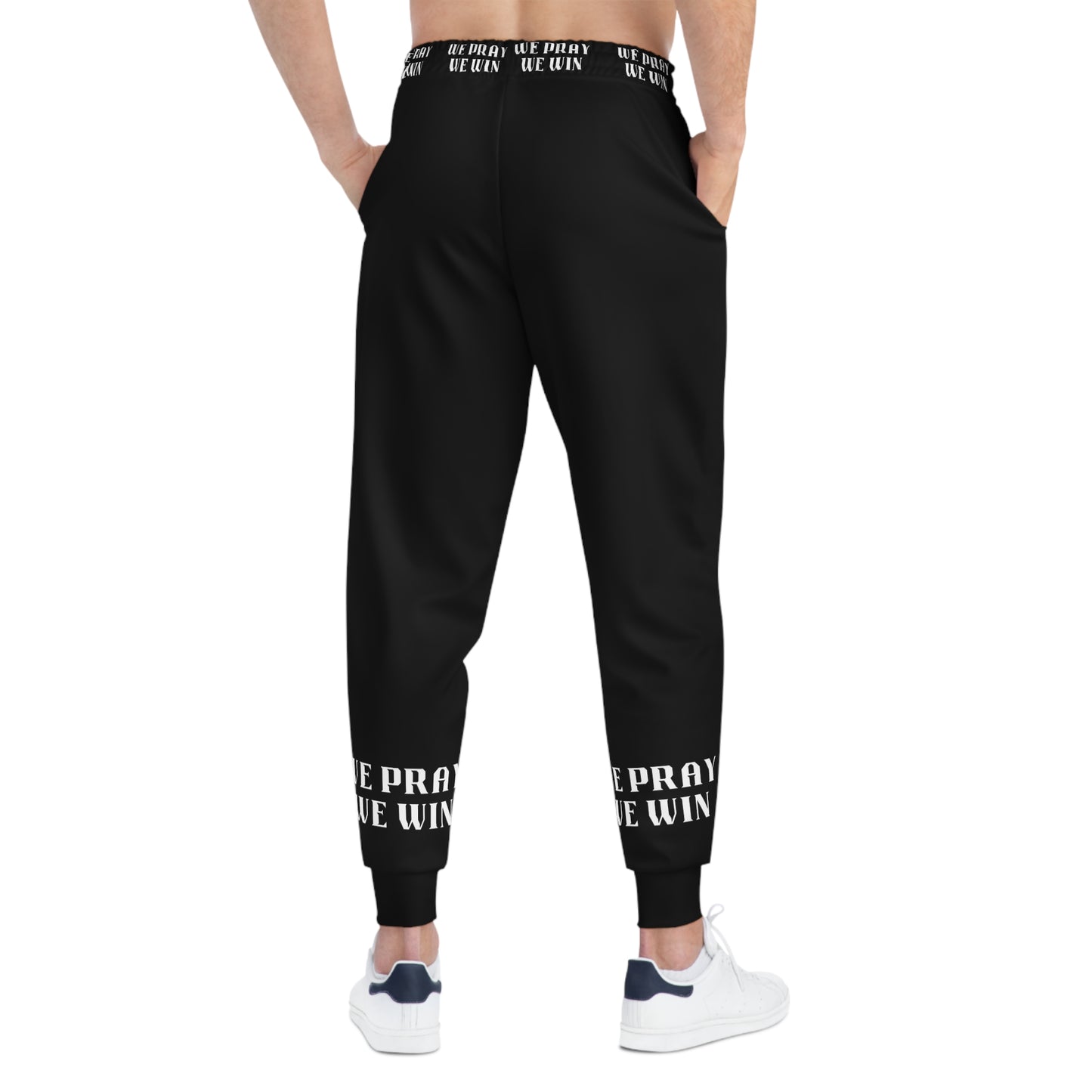 Inspirational "WE PRAY WE WIN" Athletic Black Joggers with White Text/Logo by Novelty Wonders