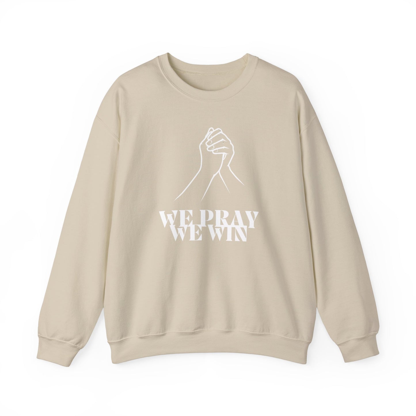 Inspirational 'WE PRAY WE WIN' Praying Hands™ Crewneck Sweatshirt by Novelty Wonders