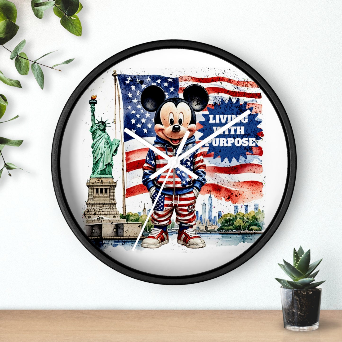 Patriotic Mickey Mouse 'Living With Purpose' Wall Clock - Statue of Liberty & American Flag Design by Novelty Wonders