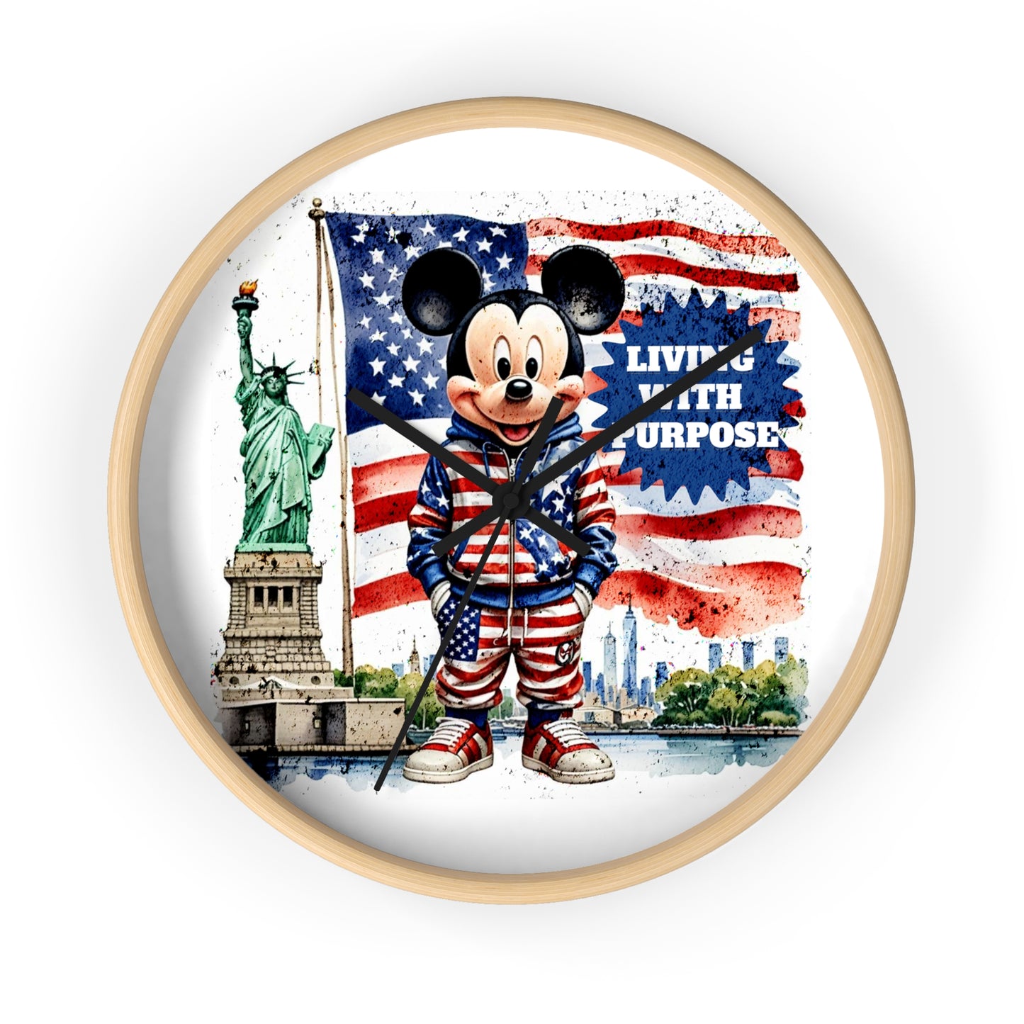 Patriotic Mickey Mouse 'Living With Purpose' Wall Clock - Statue of Liberty & American Flag Design by Novelty Wonders