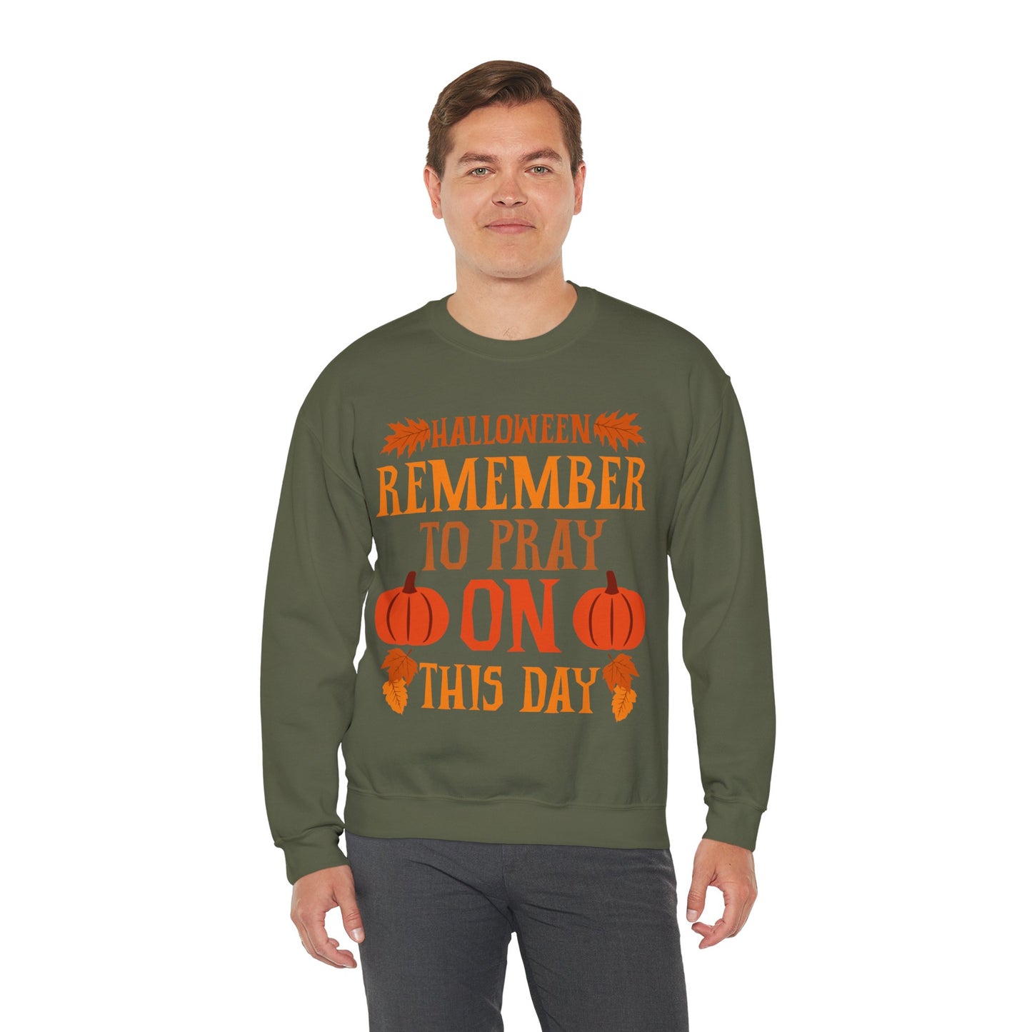 Halloween Pumpkin Pray Unisex Sweatshirt, Military Green - 'Remember To Pray On This Day', Adults, Size: Small