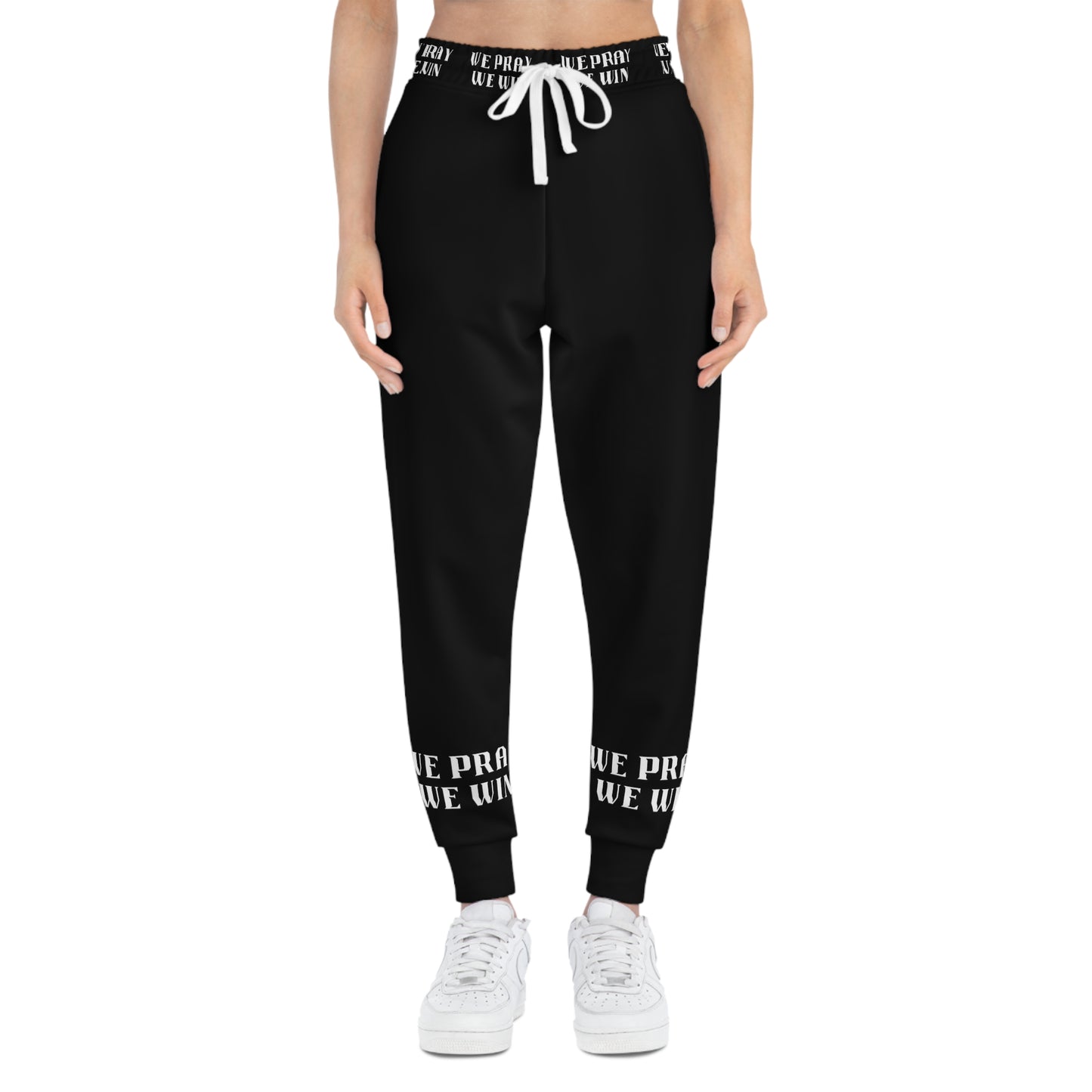 Inspirational "WE PRAY WE WIN" Athletic Black Joggers with White Text/Logo by Novelty Wonders