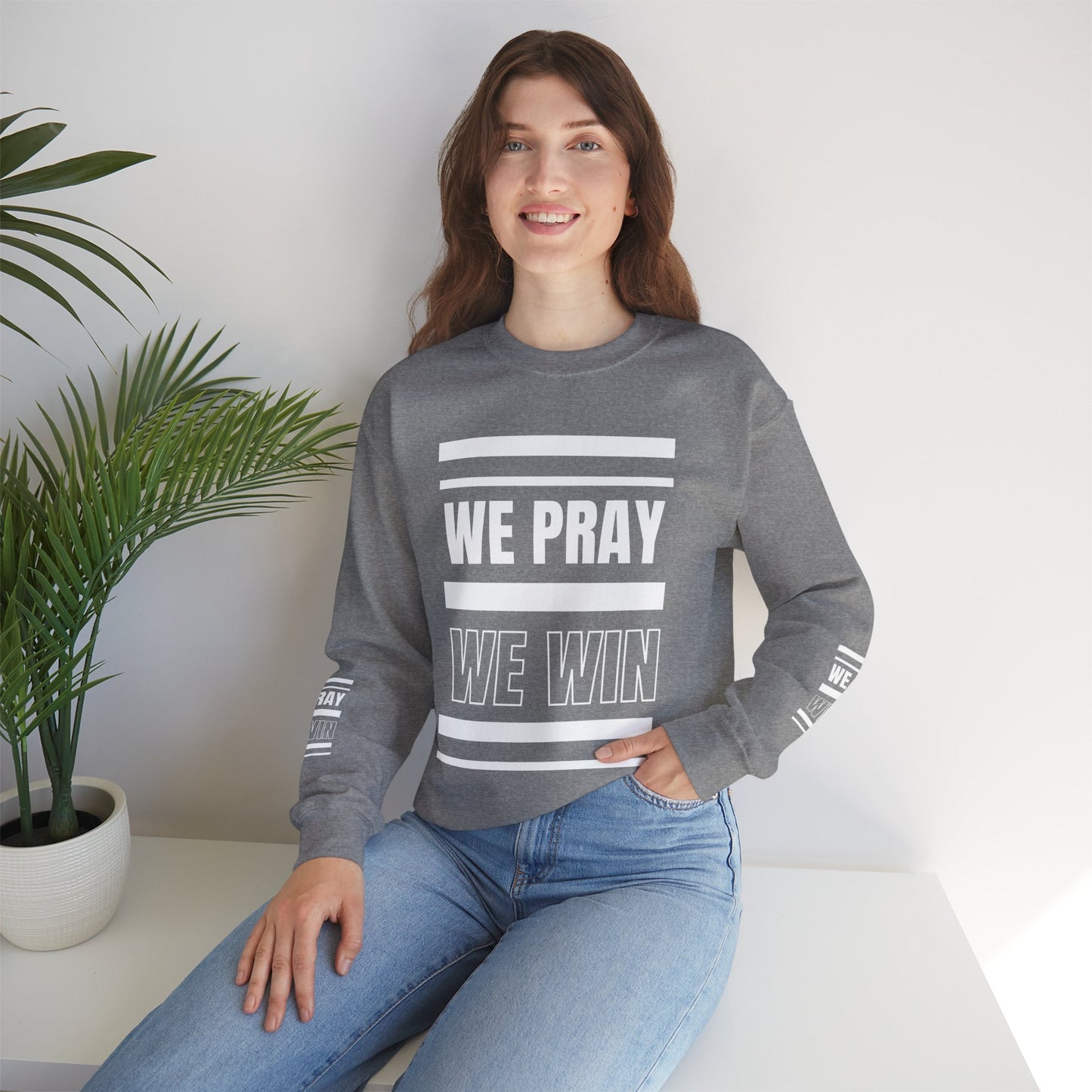 Inspirational 'WE PRAY WE WIN' Logo Crewneck Sweatshirt™ by Novelty Wonders