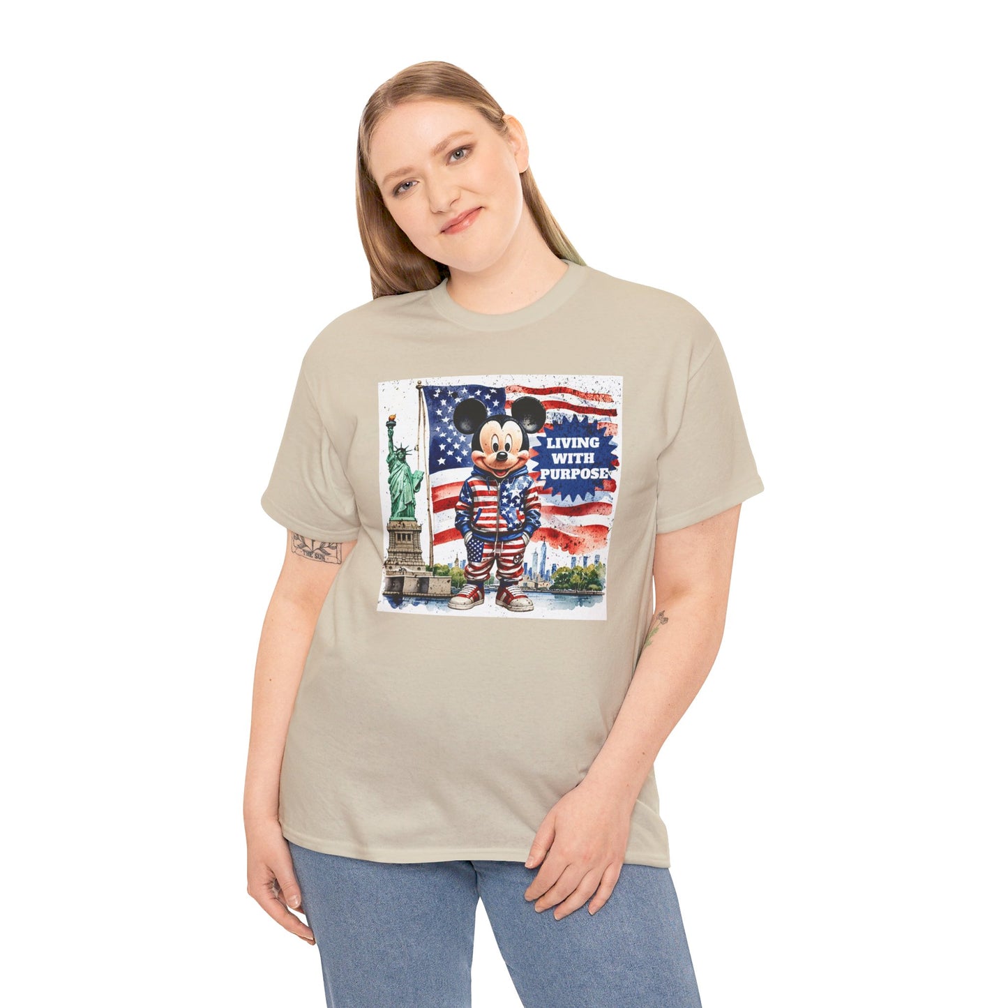 Patriotic Mickey Mouse T-Shirt - Living With Purpose, Statue of Liberty & American Flag Design, Sand