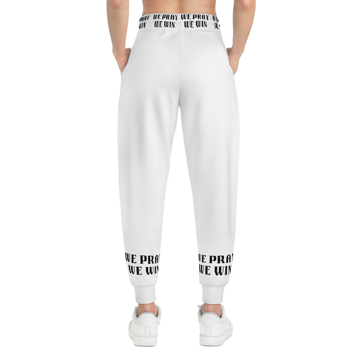 Inspirational "WE PRAY WE WIN" Athletic White Joggers with Black Text/Logo by Novelty Wonders