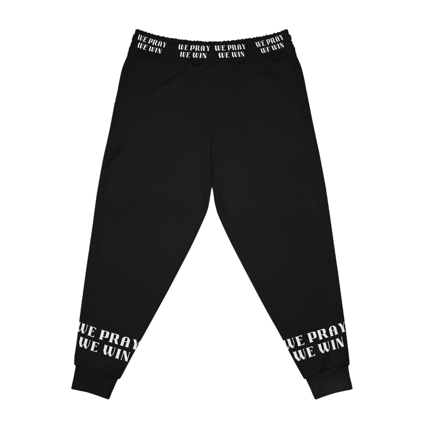 Inspirational "WE PRAY WE WIN" Athletic Black Joggers with White Text/Logo by Novelty Wonders