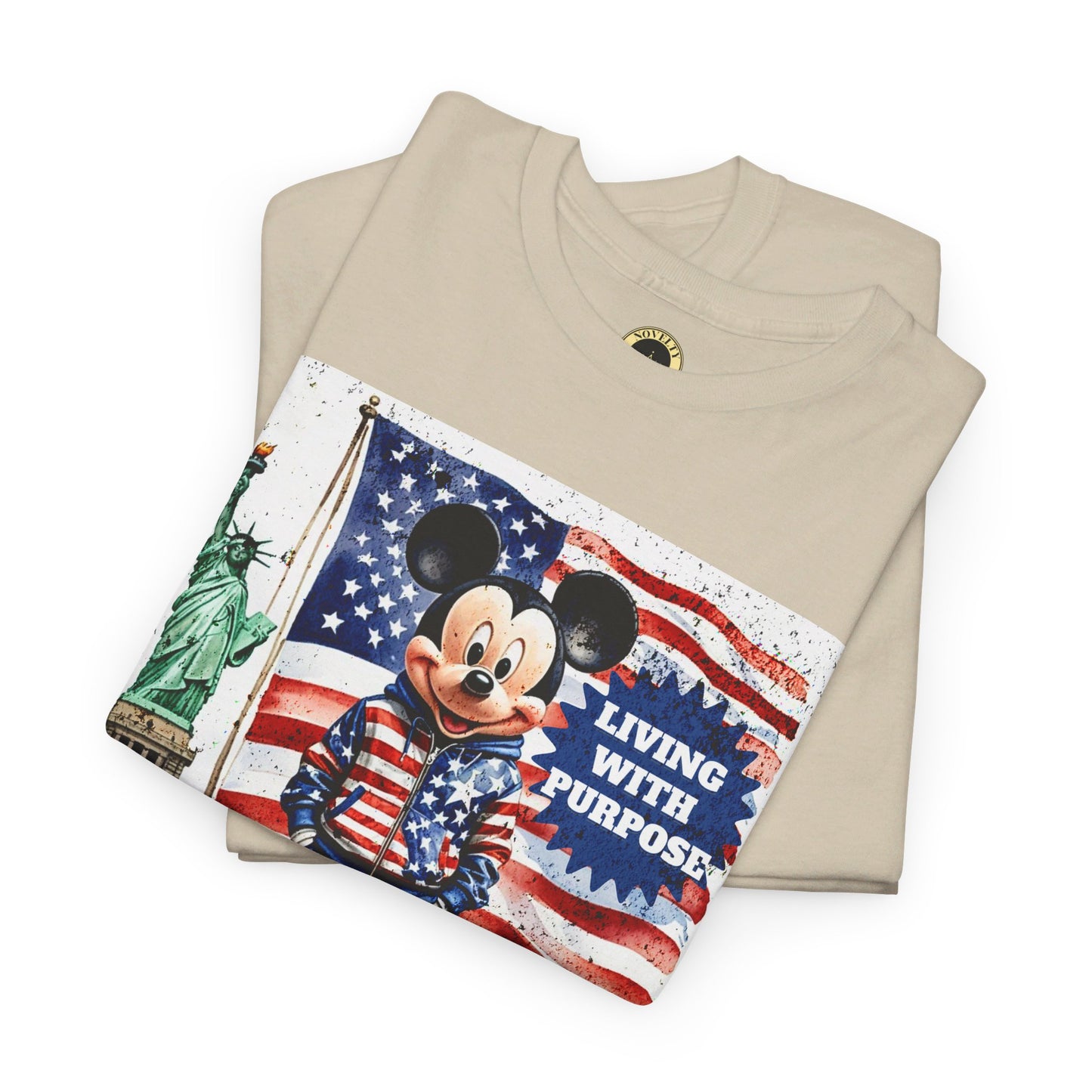 Patriotic Mickey Mouse T-Shirt - Living With Purpose, Statue of Liberty & American Flag Design, Sand