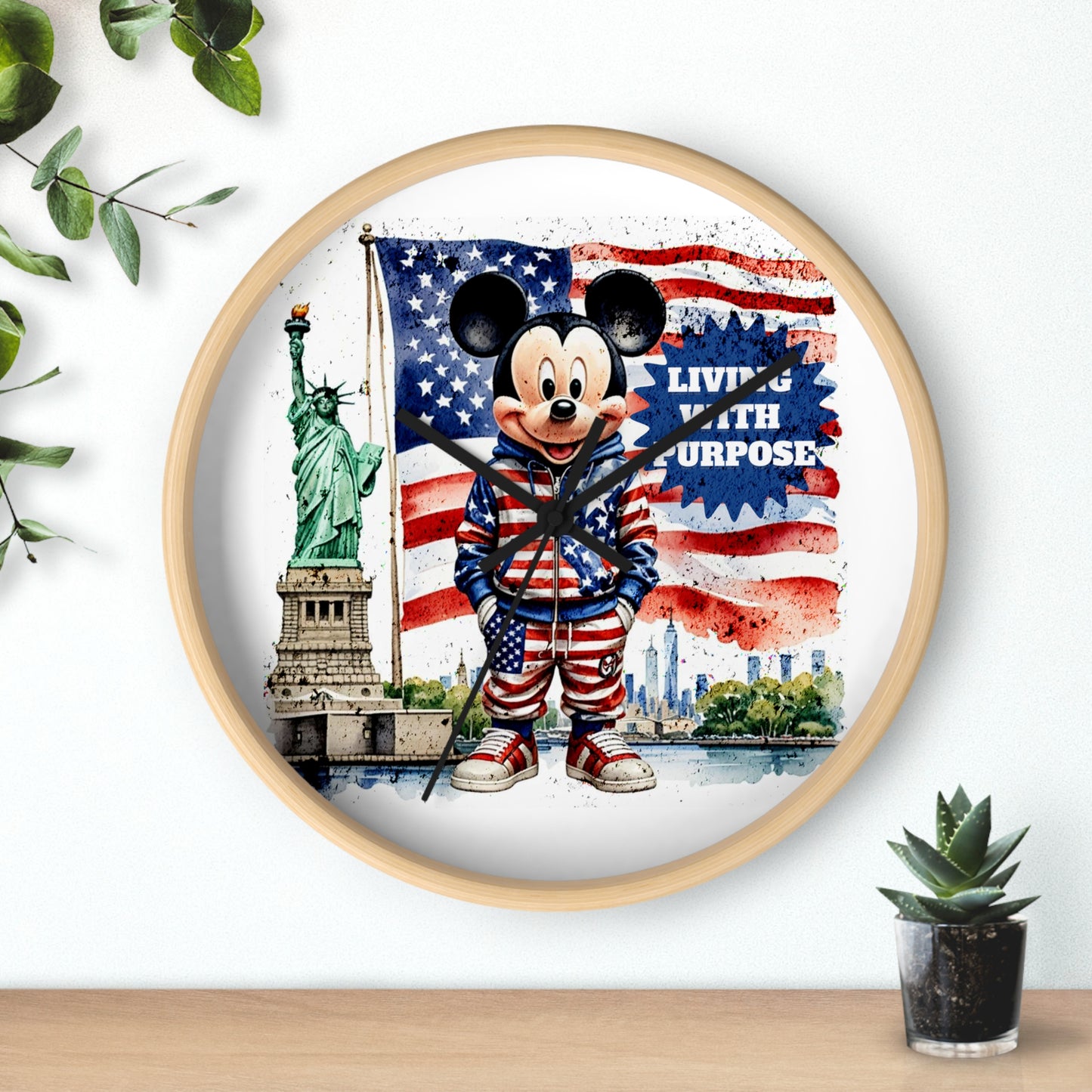 Patriotic Mickey Mouse 'Living With Purpose' Wall Clock - Statue of Liberty & American Flag Design by Novelty Wonders