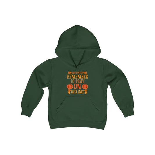 Halloween Pumpkin Pray Unisex Hooded Sweatshirt, Forest Green - 'Remember To Pray On This Day', Children's’ Sizes: S - XL