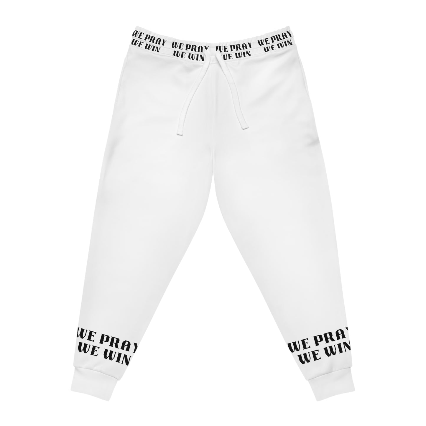 Inspirational "WE PRAY WE WIN" Athletic White Joggers with Black Text/Logo by Novelty Wonders