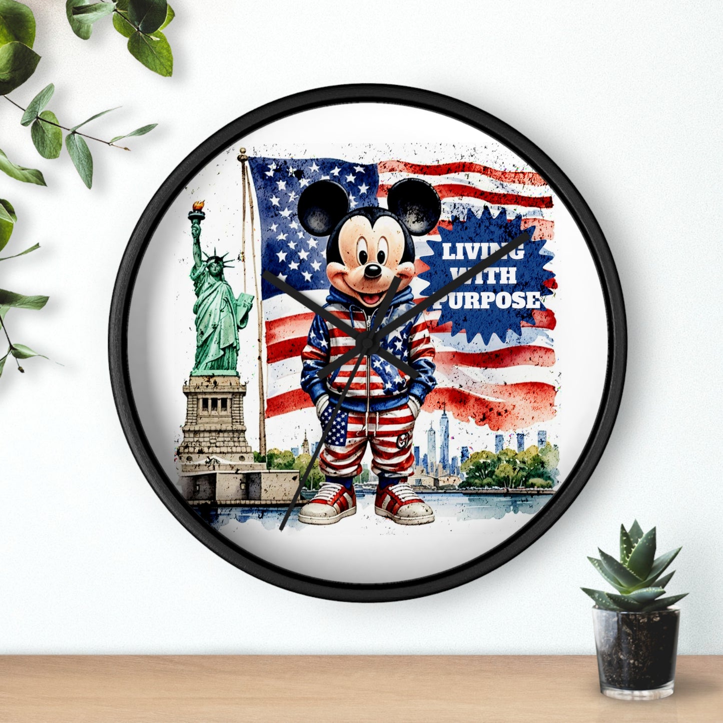 Patriotic Mickey Mouse 'Living With Purpose' Wall Clock - Statue of Liberty & American Flag Design by Novelty Wonders