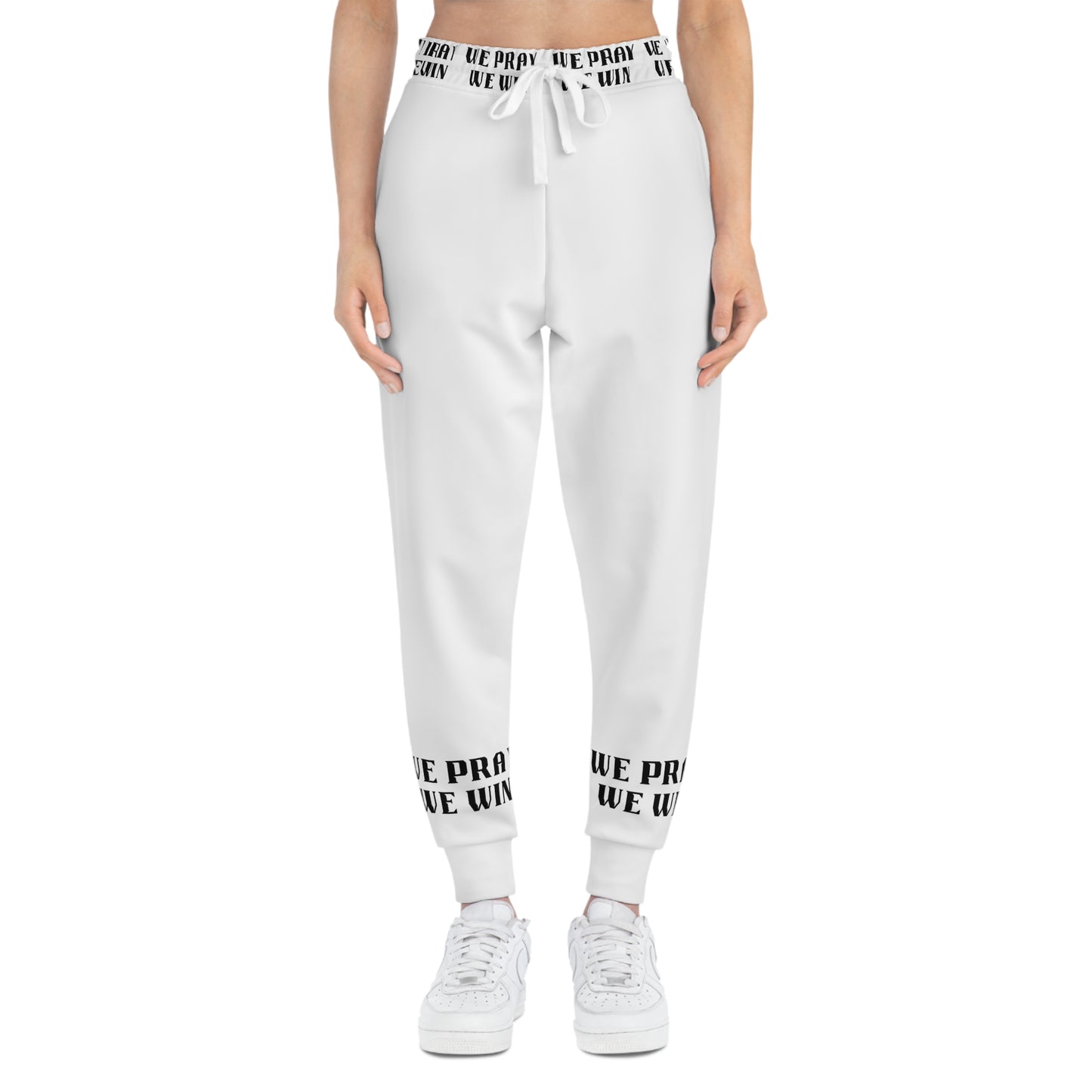 Inspirational "WE PRAY WE WIN" Athletic White Joggers with Black Text/Logo by Novelty Wonders