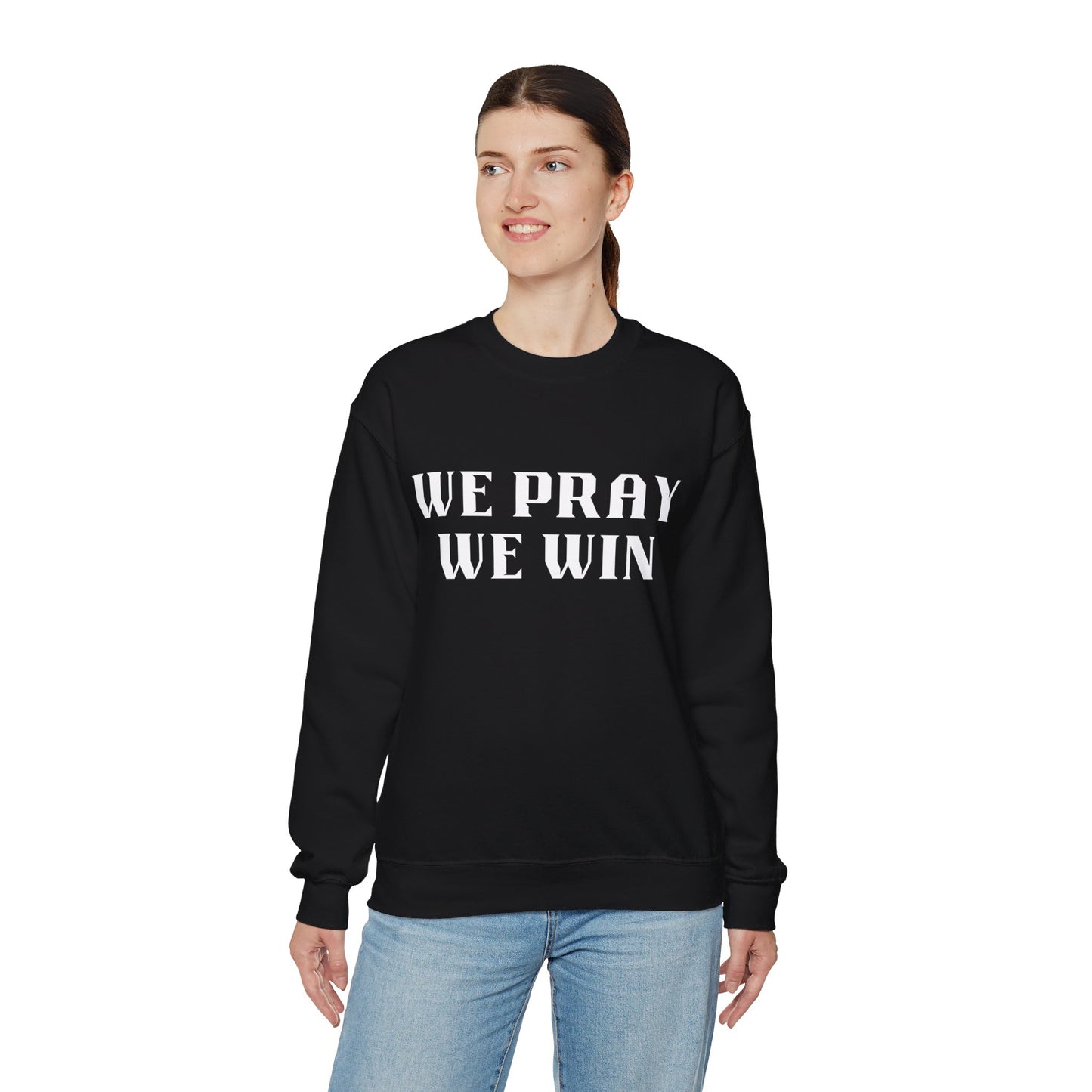 Inspirational 'WE PRAY WE WIN' Black Crewneck Sweatshirt™ by Novelty Wonders